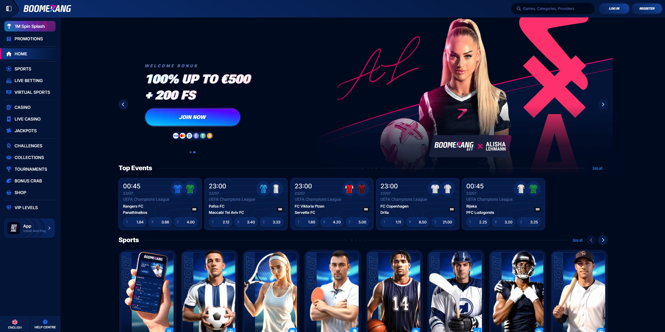 Interfejs główny Boomerang Casino